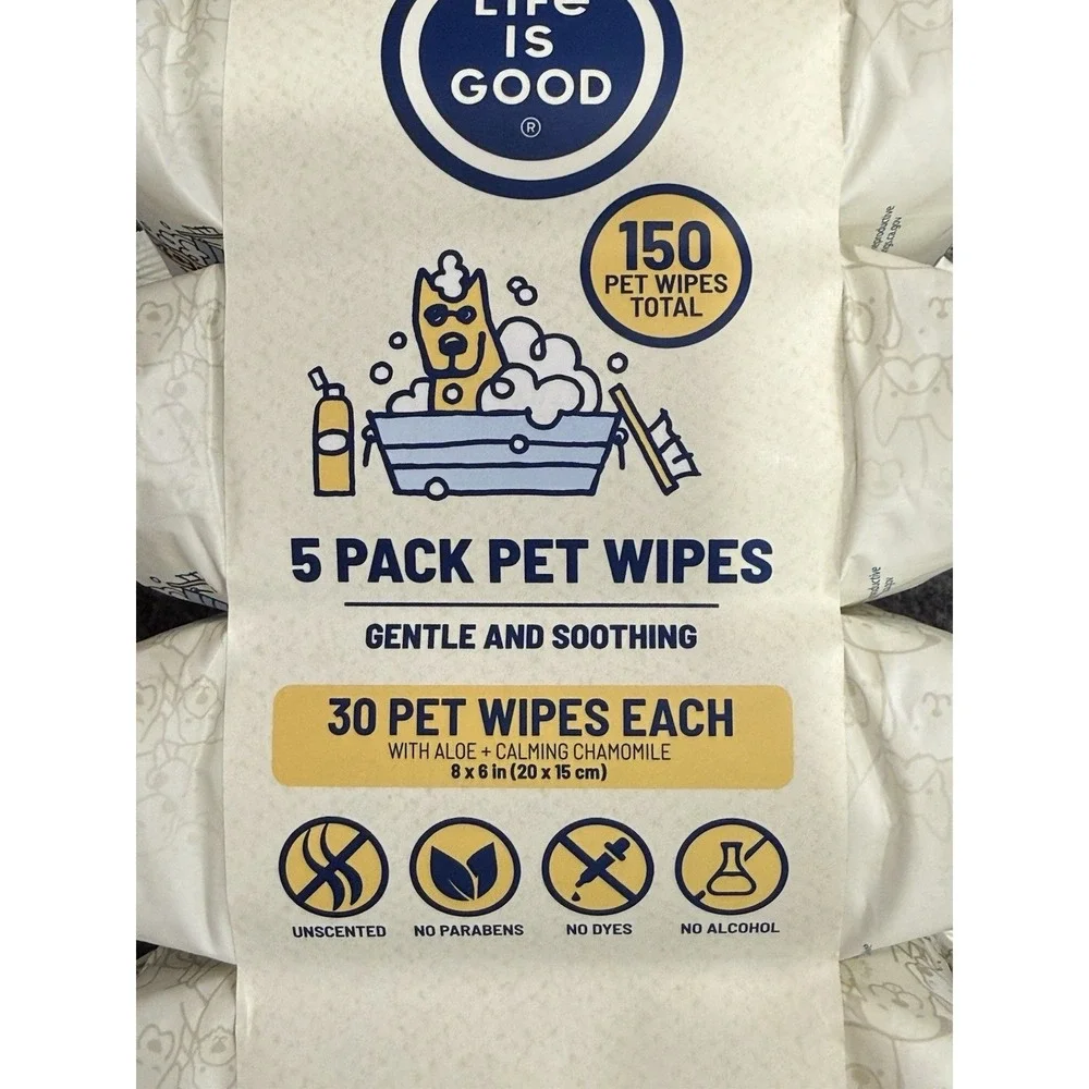 Life Is Good Pet Wipes Aloe & Calming Chamomile 5 Pack 150 Wipes Total LG1045